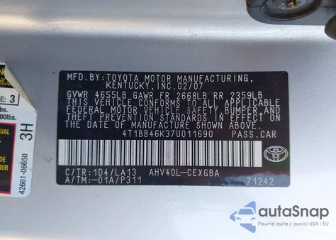 2007 Toyota Camry Hybrid z USA, uszkodzony, nr VIN 4T1BB46K37U011690